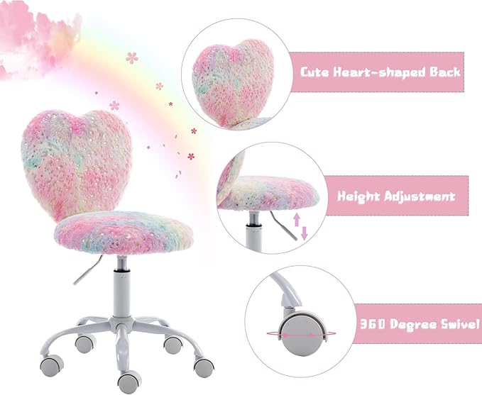 Kmax Kids Reading Chair, Rolling Cute Desk Chair for Girls Swivel Office Chair with Wheels & Heart Back Adjustable Childrens Vanity Chair for Bedroom Reading Room - Faux Fur, Colorful