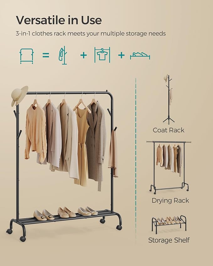 SONGMICS Clothes Rack, Clothing Rack for Hanging Clothes with Wheels, Garment Rack, Metal Frame, 110 lb Max. Total Load, 40.7 Inches Wide, Clothes Storage and Display, Black UHSR131B01