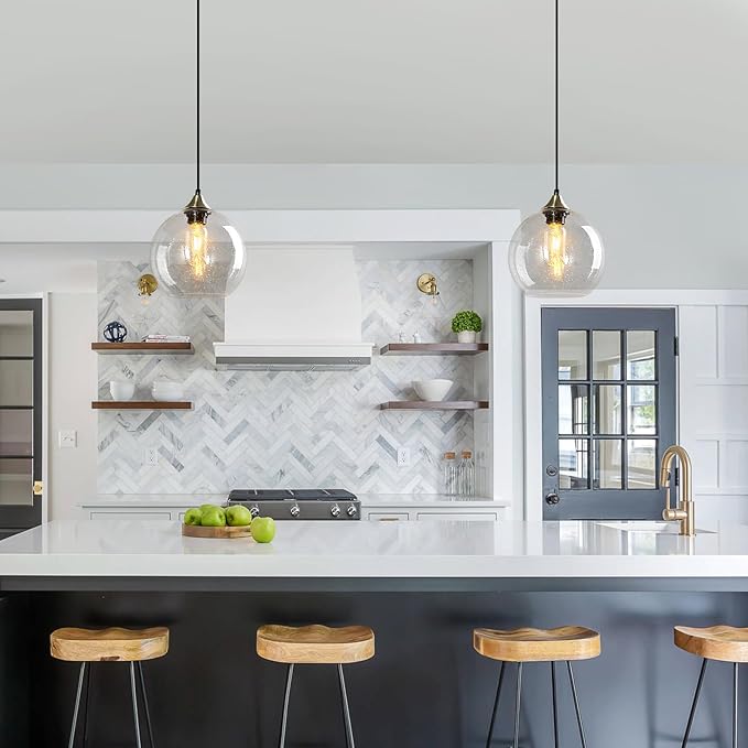 Modern Pendant Light Fixture, Clear Glass, 7.87in, Kitchen Island, Living Dining Room, 3-Pack