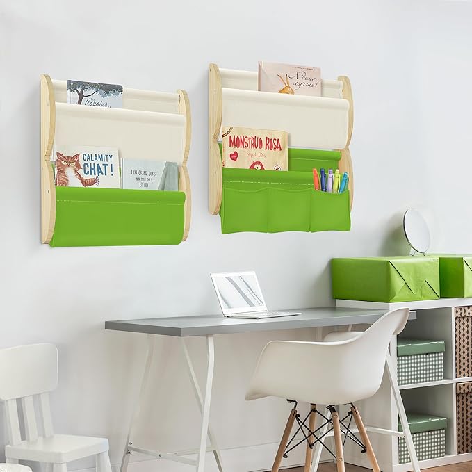 Wooden Wall Mounted Bookshelf for Kids Rooms, 4 Tier Floating Nursery Book Shelf, Kids Bookshelf with 2 Pockets, Toddler Sling Book Rack with Deep Sleeves (Green)
