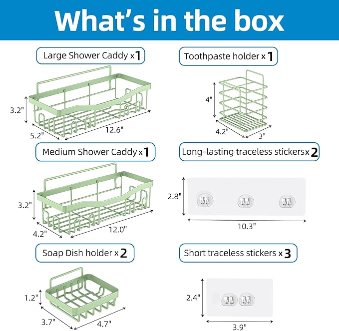 Adhesive Shower Caddy, No Drilling Bath Organizers 5 Pack, Rustproof Shelves with Soap Holder & Toothbrush Holder, Bathroom Organizers and Storage, Green