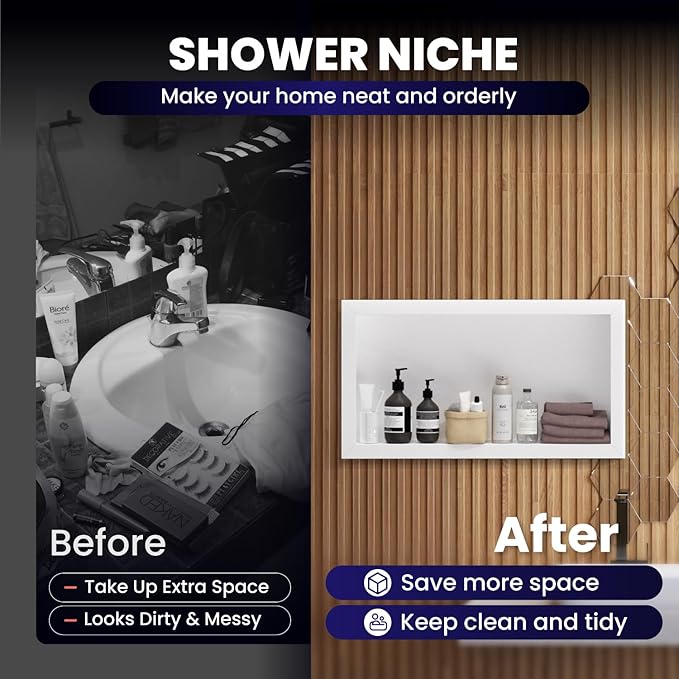 Stainless Steel Shower Niche 12" X 24"，Single Shelf Niches Bathroom Shelf Recessed Wall Niche No Tile Needed Shower Shelf for Bathroom Storage (White, 12 x 24)