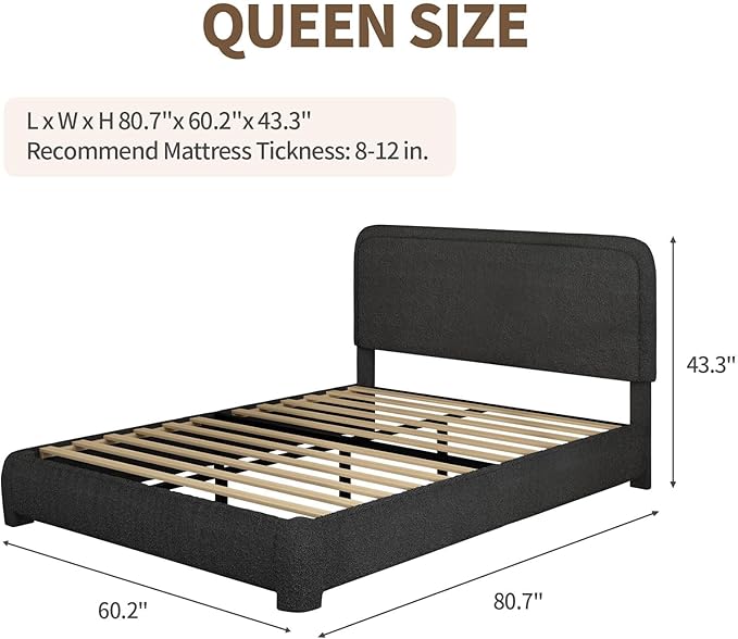 BarnFurin Queen Bed Frame, Boucle Upholstered Platform Bed Frame with Headboard, Modern Style, Soft Rounded Corners, No Box Spring Required, Easy Assembly, Black
