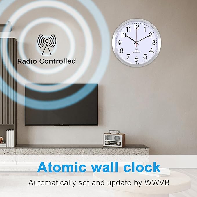 Atomic Analog Wall Clock, 14Inch Radio Controlled Sets Automatically WallClock, Aluminum Frame Wall Clock for Home School Office