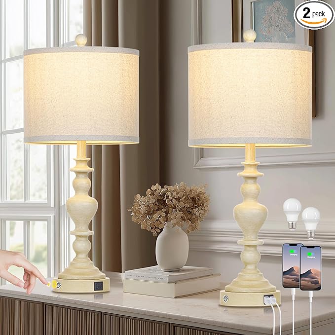 27" Farmhouse Table Lamps Set of 2, Vintage Bedside Lamps with USB A+C Charging Ports, 3-Way Dimmable Touch Control Traditional Nightstand Lamp for Living Room Beige (Bulbs Included)