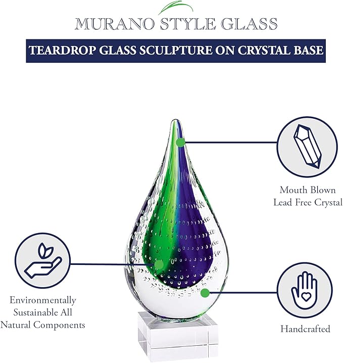 Badash Blue-Green Murano-Style Art Glass Centerpiece - 10.5" Tall Mouth-Blown Teardrop Glass Sculpture on Crystal Base - Contemporary Home Decor Accent Piece