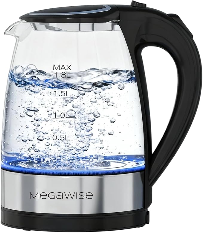 MegaWise Electric Kettle, 1.8L Borosilicate Glass Tea Kettle with LED Light, Auto Shut-Off and Boil-Dry Protection Cordless Kettle Fast Boiling