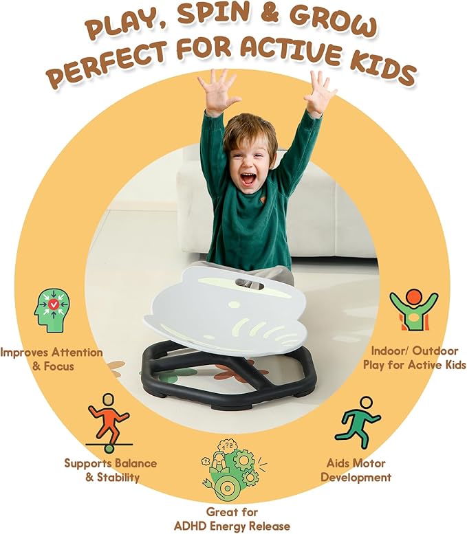 Glow-in-The-Dark Elephant Sensory Spinning Chair for Kids, Autism Sensory Toys, Sit and Spin Swivel Seat for Autistic Children, ADHD & Sensory Room Must Haves, Boosts Balance, Ages 3+ (Grey)