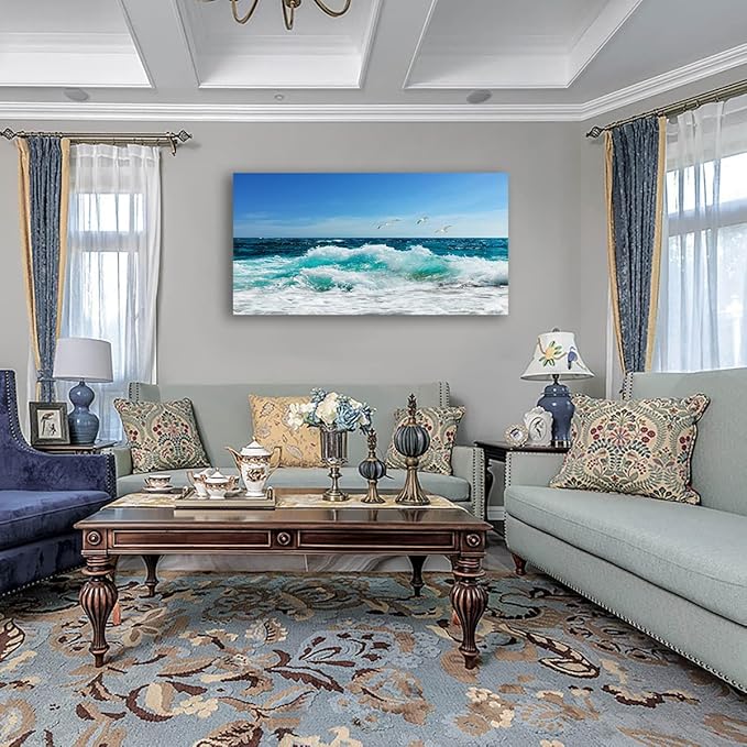 Ocean Waves Canvas Wall Art for Living Room Wall Decor Summer Beach Canvas Pictures Blue Surfing Water Birds on Sea Canvas Prints Artwork Office Home Wall Decorations Framed Ready to Hang 20" x 40"