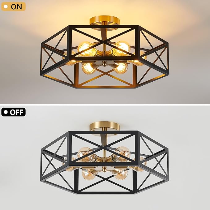 6 Light Semi Flush Mount Ceiling Light, Black Gold Ceiling Light, Industrial Hallway Light Fixtures Ceiling Mount, Modern Metal Hexagon Cage Ceiling Lamp for Kitchen, Bathroom