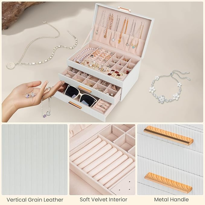Dajasan Jewelry Boxes for Women, Jewelry Box Organizer with 2 Drawers, 3-Tier Large Jewelry Holder Organizer Box for Necklace Ring Earring Bracelet, Gift Idea, Modern Style (White)