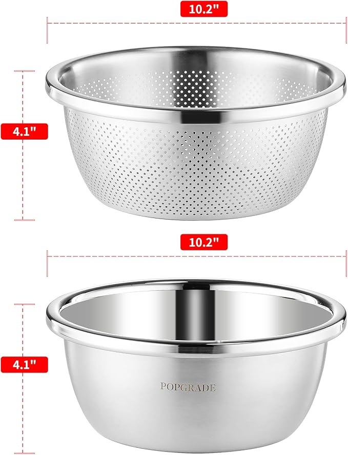 304 Stainless Steel Colander 4QT Microporous Colander & Large Bowl for Kitchen,Rice Strainer with Salad Mixing Bowl for Pasta Straining,Fruit Washing,Vegetable Draining,Food Mixing(2PCs)