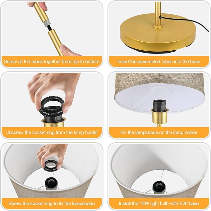 Floor Lamp Gold, Standing Lamp, 58" Small Tall Lamps with Jute Lampshade, Simple Pole Lamp for Bedroom, On/Off Footswitch, Gold Lamps for Living Room/Office/Boho,Christmas Gift for Kids(No Bulb)