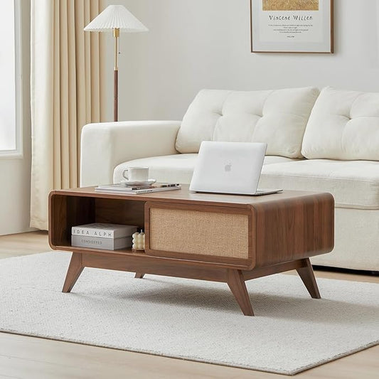 AVZEAR Mid Century Modern Coffee Table with Storage, Curved Edge Wood Coffee Table with Sliding Nature Linen Door, Farmhouse Center Table Rectangle Coffee Table for Living Room, Office, Walnut