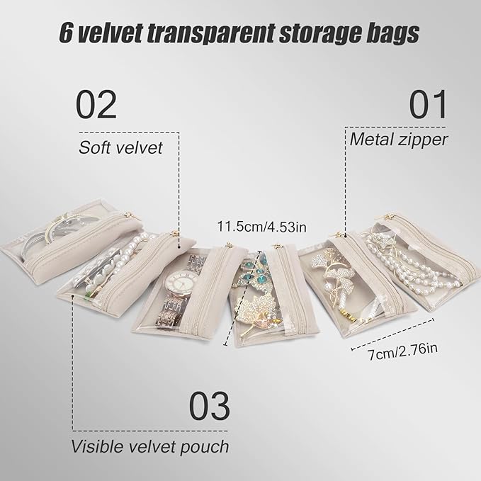 DesignSter Small Jewelry Box, Travel Small Jewelry Organizer with Earring Tray and Ring Holder, Square Travel Jewelry Storage Case with 6 Velvet Jewelry Pouches, Beige