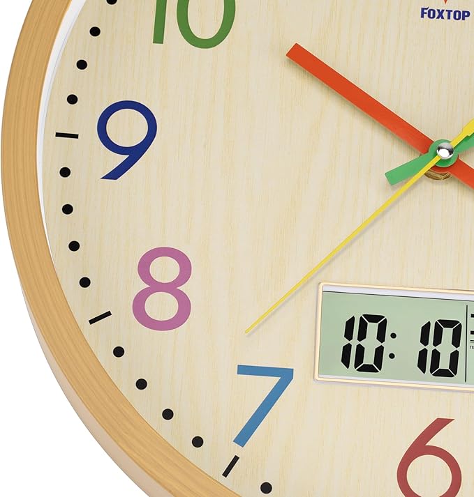 Foxtop Digital and Analog Kids Wall Clock 12 Inch Silent Non-Ticking Battery Operated Kids Clock for Kids Room Playroom Nursery Classroom School