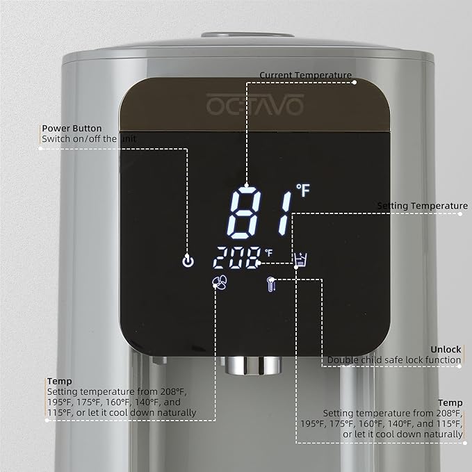 OCTAVO Water Boiler & Warmer 5 Liter, 304 Stainless Steel Water Tank, 700 Watt 6 Adjustable Water Temperature, LCD Touch Control Screen, Child Lock with Water Shortage Indicator