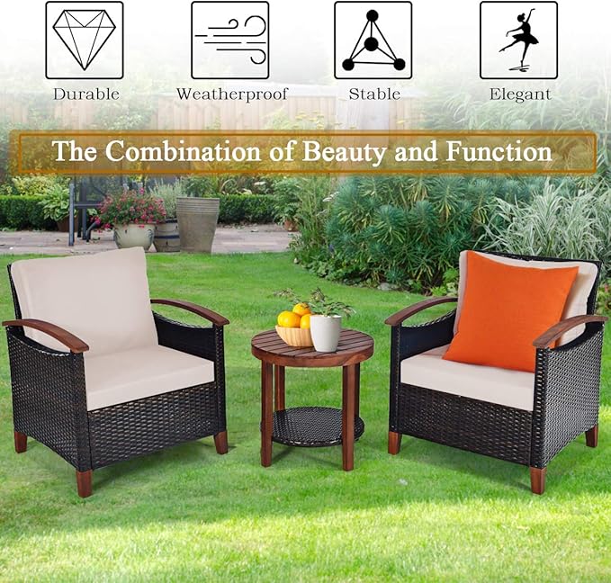 Tangkula 3 Pieces Patio Furniture Set, Outdoor Rattan Sofa and Side Table w/Solid Acacia Wood Frame, High Load Bearing Conversation Bistro Set w/Washable and Removable Cushions (Beige)
