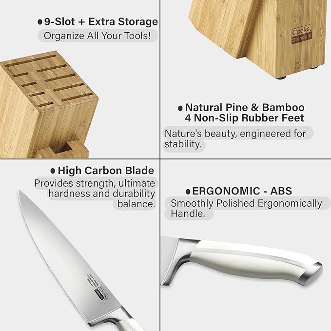 Cooks Standard Kitchen Knife Set with Block 6-Piece, Stainless Steel Forge High Carbon German Blade with Expandable Bamboo Storage Block for Extra Slots, White