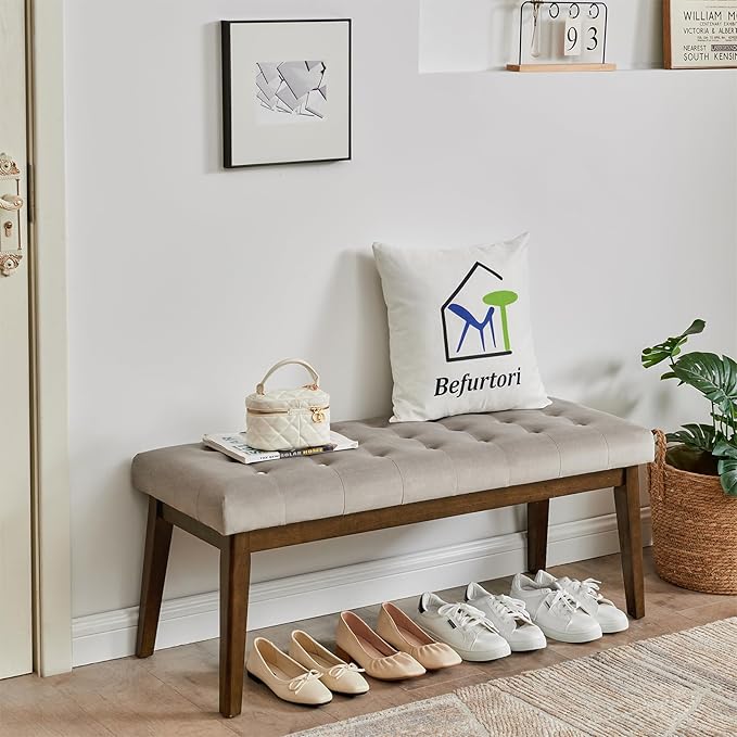 End of Bed Bedroom Bench, Linen Upholstered Tufted Bench for Bedroom End of Bed with Solid Wood Legs for Bedroom Living Room Entryway(Gray)