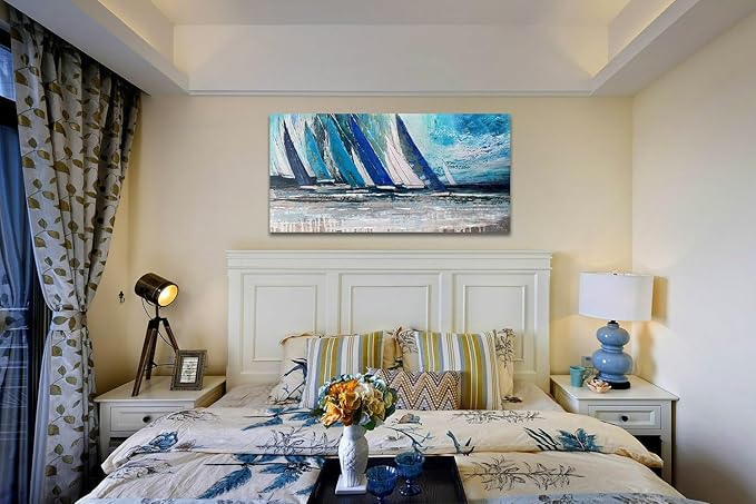Arjun Blue Abstract Wall Art Canvas Teal Ocean Sailboat Picture Modern Turquoise Coastal Nautical Painting Large 48"x24" Framed Textured Artwork for Living Room Bedroom Bathroom Home Office Wall Decor