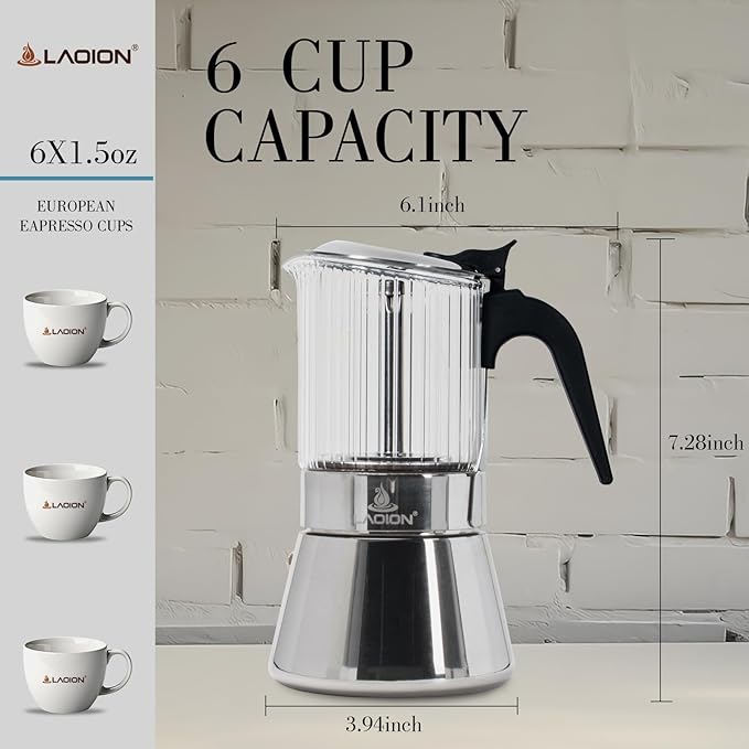 Stovetop Espresso Maker, 6Cup 240ml Moka Pot, Crystal Glass-top & Stainless Steel Coffee Maker Mocha Pot, Greca De Cafe, Cuban and Italian Coffee Maker for Cafetera Cubana