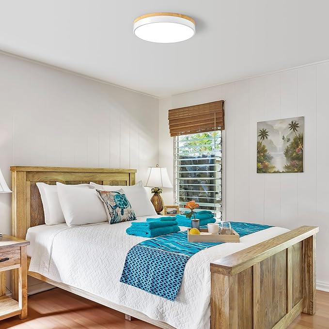 Dimmable Wood LED Ceiling Light Fixture, White Round Low Profile Flush Mount Ceiling Lighting, Modern 5CCT 2700K-6000K Ceiling Lamp for Living Room Hallway Kitchen Bedroom, 15.8in, YY20240516D