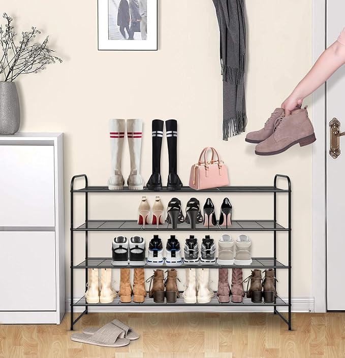 KEETDY 4-Tier Long Shoe Rack for Closet, Wide Shoe Organizer for Closet Floor Storage, Stackable Shoe Rack for Entryway Metal Shoe Shelf for 30 Pairs Men Sneakers with Wire Grid for Bedroom, Black