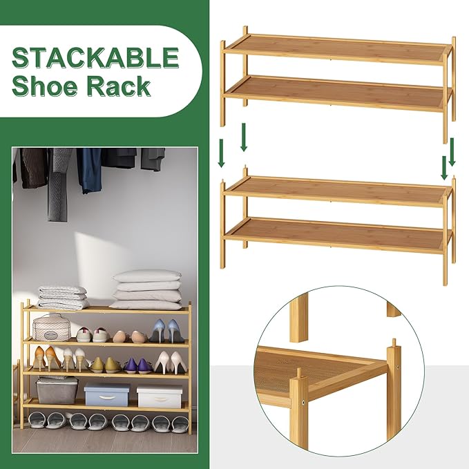 Long Shoe Rack, 4-Tier Bamboo Wood Shoe Rack, Stackable for Closet, Entryway & Hallway
