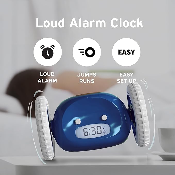 CLOCKY Extra Loud Alarm Clock for Heavy Sleepers on Wheels Rolls Runs Away Vibrating Easy to Set Super Smart Snooze Digital Bed Shaker Alarm Clock Funny Gift for Adults Kids Teens Bedrooms (Navy)