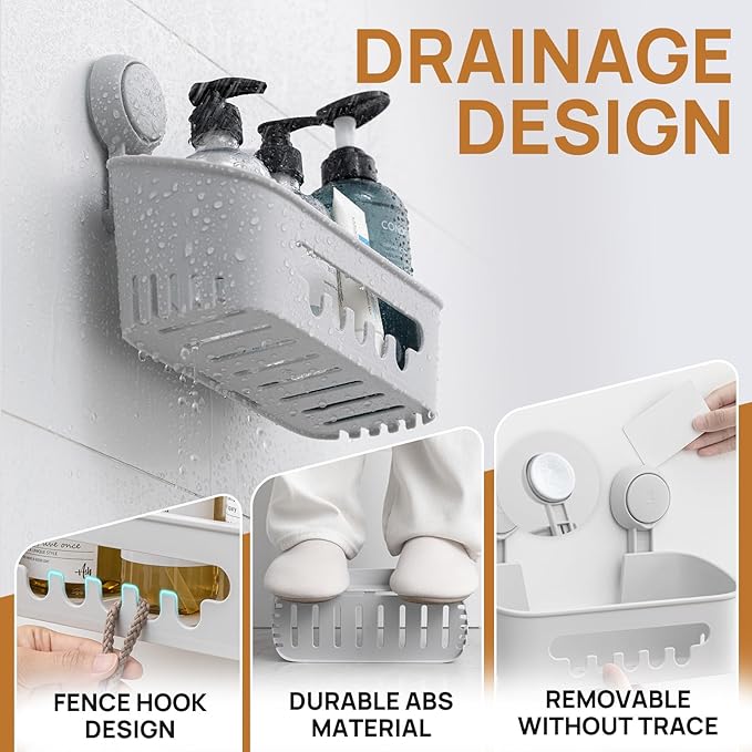LEVERLOC Shower Caddy Suction Cup, Shower Organizer Removable Bathroom Shelf, Storage Suction Powerful Max Hold 22lbs Bathroom Caddy Waterproof Holder, Gray