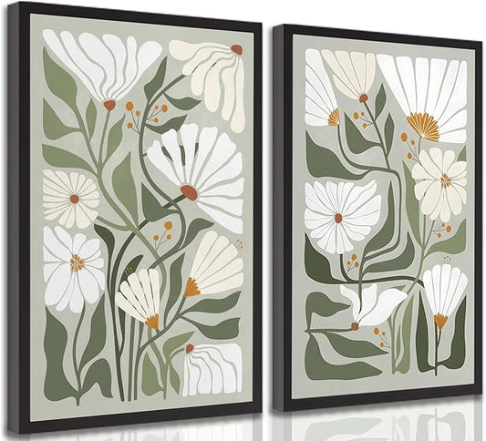 2 Pcs Boho Wildflowers Canvas Wall Art Green Bohemia Abstract Floral Botanical Painting Picture Wall Decor Poster Print Artwork for Living Room Bedroom Bathroom Home Decoration Unframed