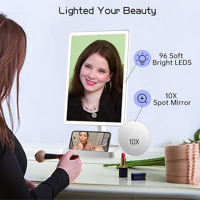FUNTOUCH Rechargeable Makeup Vanity Mirror with Lights, Large Lighted Desk Makeup Mirror with 96 LED Lights and 10x Magnifying Mirror, 3 Color Lighting, Light up Make up Mirror with Phone Holder