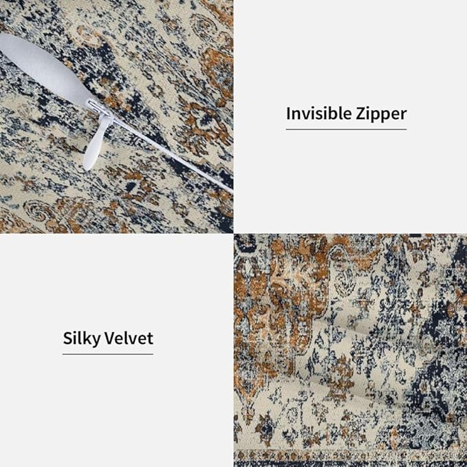 Boho Throw Pillow Covers 24x24 Set of 2, Ethnic Carpet Pattern Pillow Covers Gold Blue Rustic Farmhouse Cushion Cases Linen Decorative Gifts for Couch Sofa Indoor Outdoor