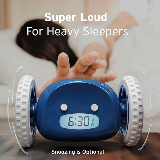 CLOCKY Extra Loud Alarm Clock for Heavy Sleepers on Wheels Rolls Runs Away Vibrating Easy to Set Super Smart Snooze Digital Bed Shaker Alarm Clock Funny Gift for Adults Kids Teens Bedrooms (Navy)