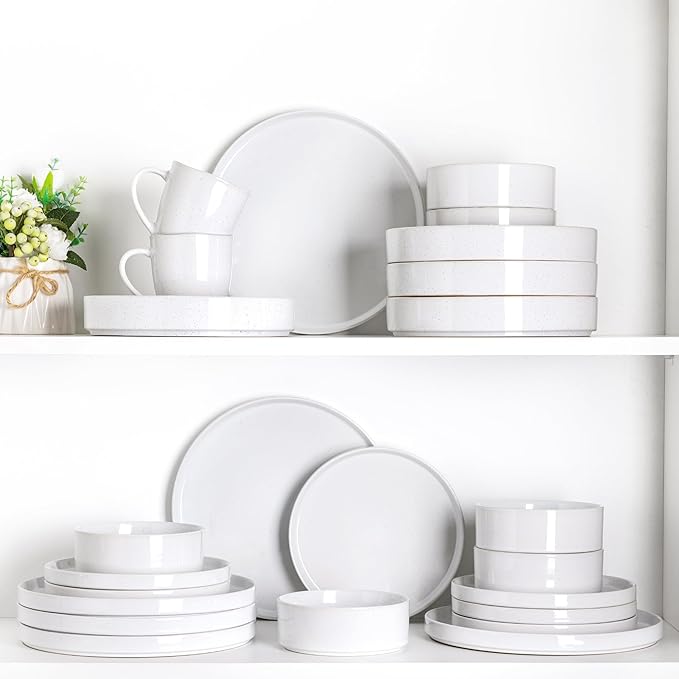 GBHOME Dinnerware Set for 6, 18 Piece Speckled Plates and Bowls Set with Glazed Bottom, Chip & Scratch Resistant Stoneware Plates Sets, Dishwasher & Microwave Safe Dishes, White