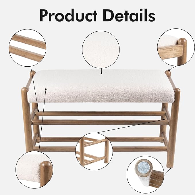 Solid Wood Entryway Bench with Shoe Storage, Rustic Oak Wood and Sherpa Fabric 31.5 Inch Long Seating for Living and Dining Rooms, 3-Tier White