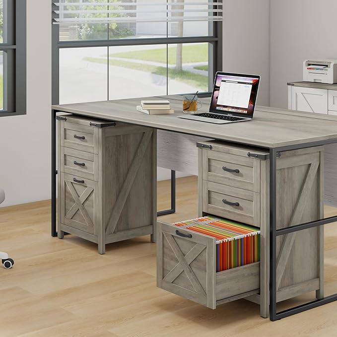 Vertical File Cabinet with 3 Drawers, Wooden Farmhouse Filing Cabinet for Letter/A4 Size Hanging Files, Under Desk Printer Stand with Storage for Home Office, Rustic Grey