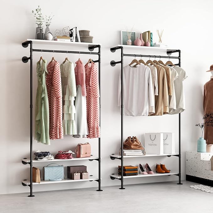 Industrial Pipe Clothing Racks with Shelves, Wall Mounted Clothes Rack for Hanging Rods, Heavy Duty Black Clothing Racks With Three Shelves Retail Display Garment Rack for Home