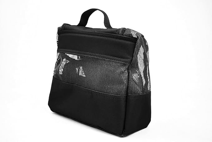 The Fine Living Co. Portable Hanging Shower Caddy Organizer Bag (Free Toiletries Case+Metal Hook) Quick Dry Mesh Shower Caddy Tote Bag Pouch For Bathroom College Dorm Camp Gym Camping 10”x4”x8”(Black)