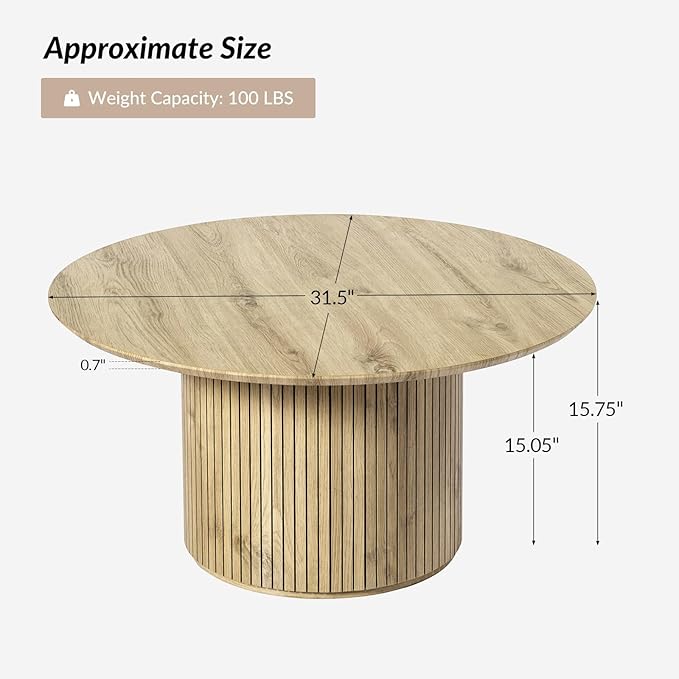 HULALA Home Round Coffee Table, Wood Coffee Table with Vertical Slat Base, Modern Coffee Table for Living Room and Lounge Room,Oak