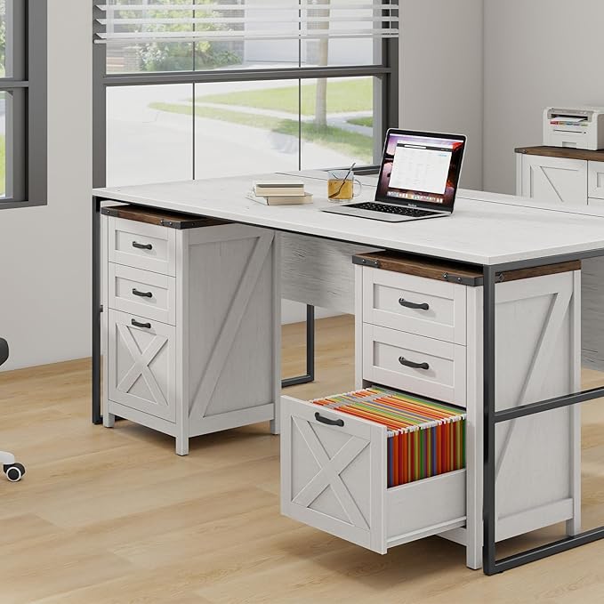 Vertical File Cabinet with 3 Drawers, Wooden Farmhouse Filing Cabinet for Letter/A4 Size Hanging Files, Under Desk Printer Stand with Storage for Home Office, Rustic White