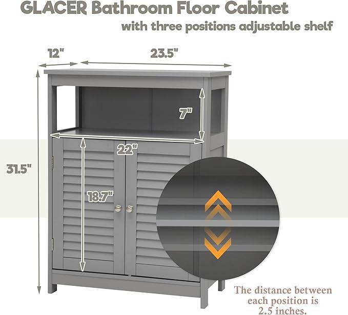 GLACER Bathroom Floor Cabinet, Wooden Storage Cabinet with Double Shutter Doors & 3-Position Adjustable Shelf, Side Storage Organizer Cabinet, 23.5 x 12 x 31.5 inches (Grey)