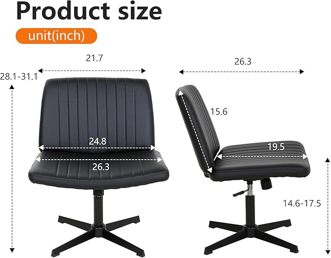 FDW Criss Cross Chair Armless Cross Legged Office Chair Adjustable Swivel Ergonomic Desk Chair No Wheels with Wide Seat Native Sponge Computer Task Vanity Chair for Home Office Dark Black