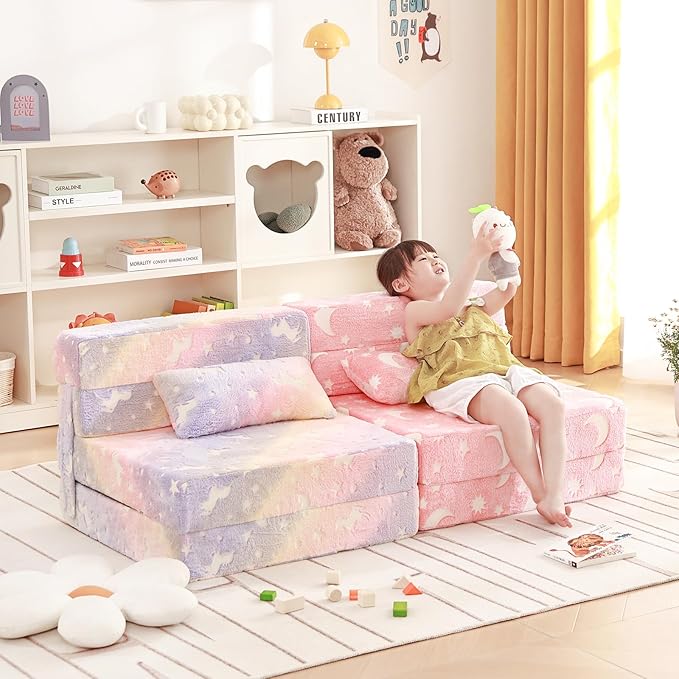 Folding Sofa Bed Floor Mattress for Kids with Pillow, Toddler Washable Folding Floor Nap Mat Futon, Child Fold Up Sofa Chair Bed with Storage Bag for Girls and Boys