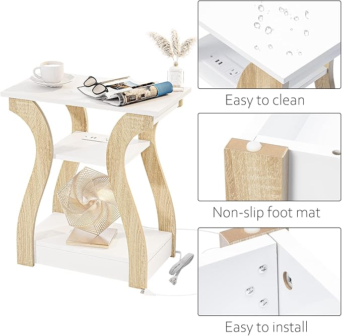 End Table with Charging Station, Side Table with USB Ports and Outlets, 3 Tier Nightstand Sofa Table for Small Spaces, Beside Table with Storage Shelf for Living Room, Bedroom