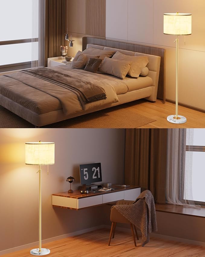 Modern Floor Lamp for Living Room - Adjustable Height Standing Lamp with Marble Base & Linen Shade, 3-Way Dimmable Tall Floor Light for Bedroom, Reading, Bulb Included