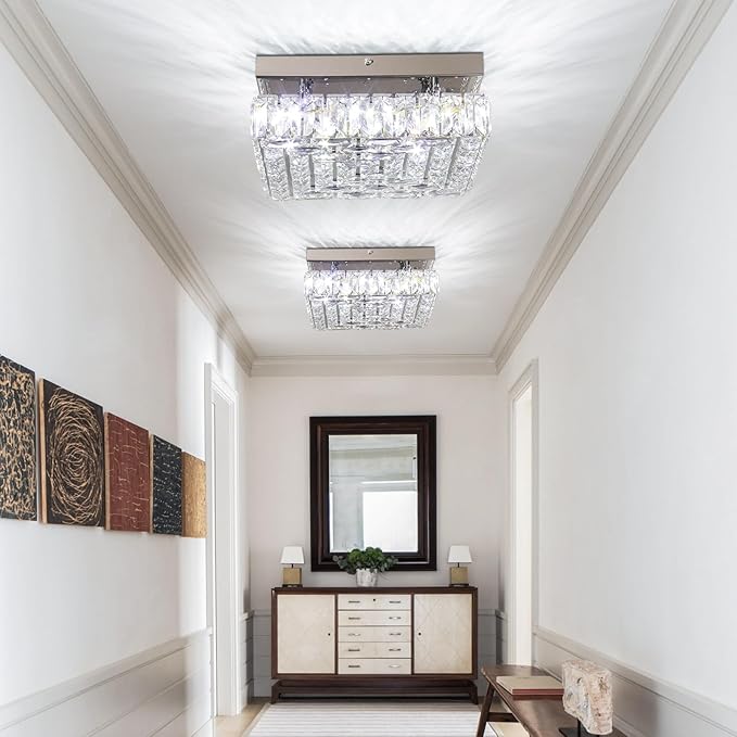 10.6" Crystal Ceiling Light Modern Crystal Chandelier LED Flush Mount Ceiling Light Fixture Mini Square Chandeliers for Bedroom Hallway Kitchen Foyer (Cool White)