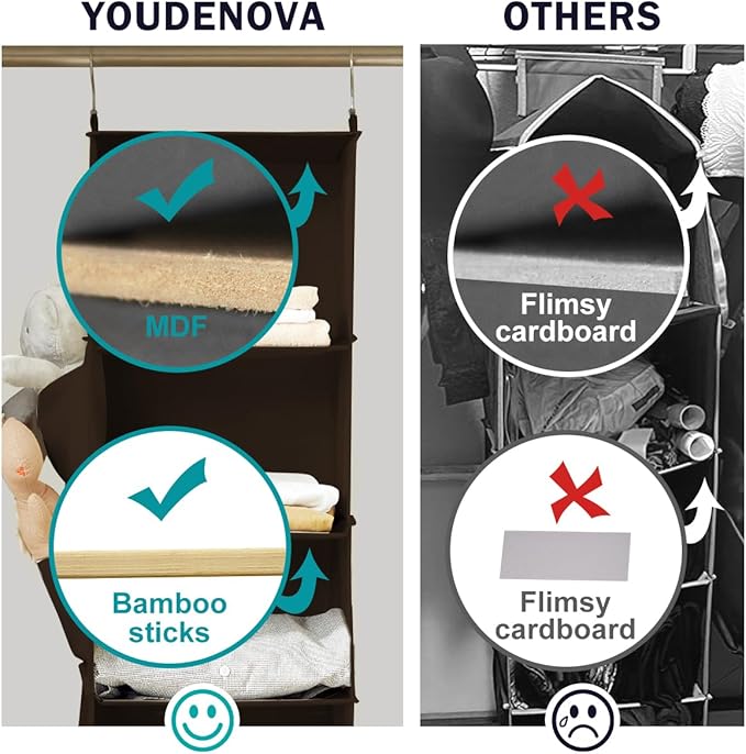 YOUDENOVA Hanging Closet Organizer, 6-Shelf Closet Hanging Storage Shelves, Brown