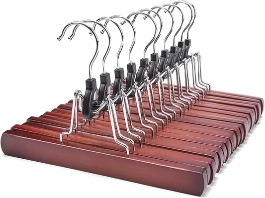 Nature Smile Wooden Pants Skirt Hangers, Smooth Finish Solid Wood Non Slip Jeans Slack Clamp Hangers Hair Extension Hangers (10 Pack Cherry)…